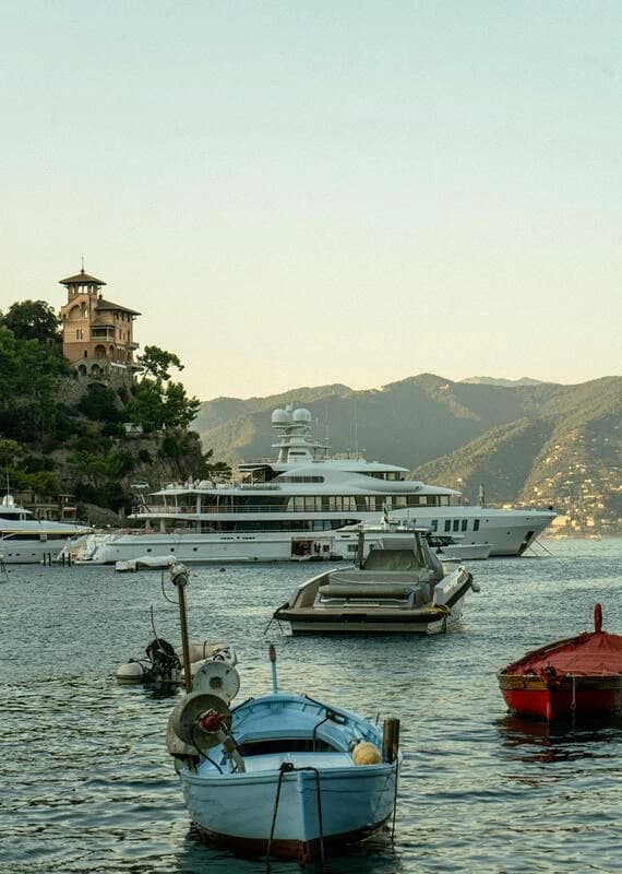 A superyacht at anchor off Portofino on the Italian Riviera