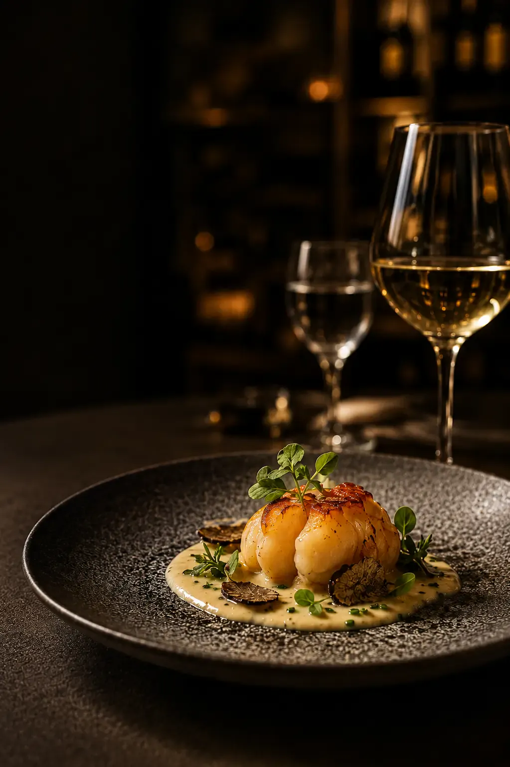 A plated fine-dining course served with wine aboard a chartered yacht